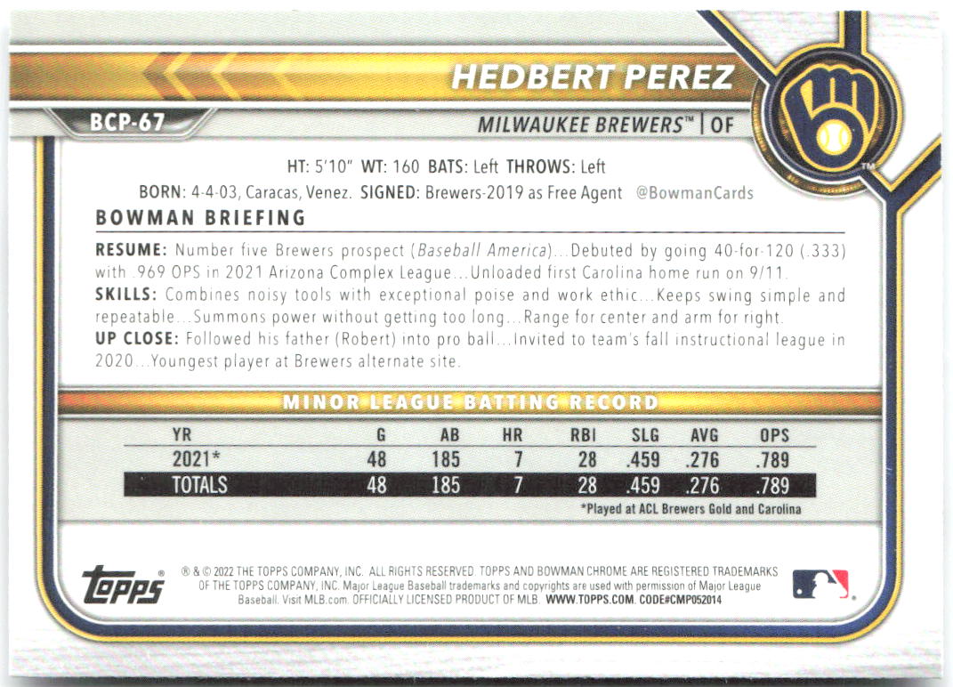 Hedbert Perez Bowman - Chrome Prospects Mojo Refractors BCP-67 2022 Brewers