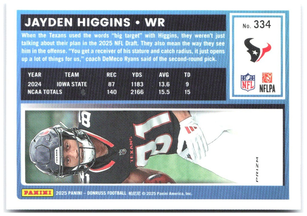 Jayden Higgins Donruss - Optic Rated Rookies Blue Scope 334 2025 Houston Texans