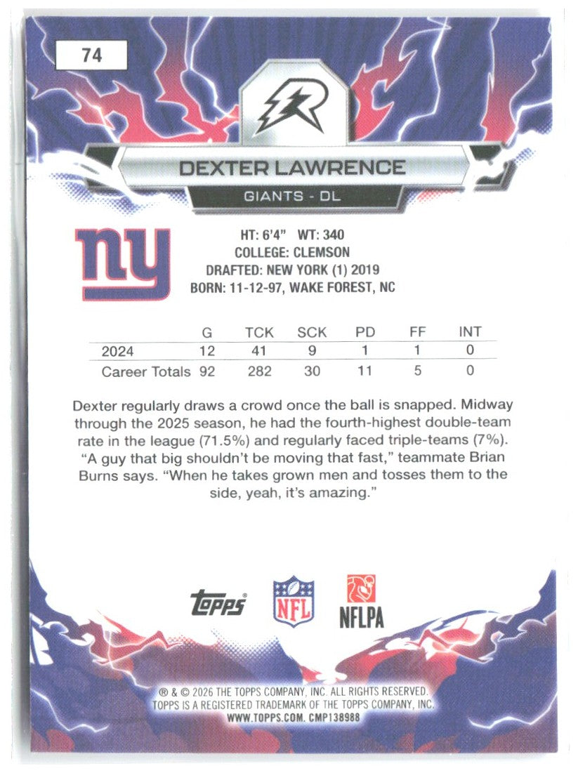 Dexter Lawrence Topps Resurgence - Prism Refractor 74 2025 New York Giants