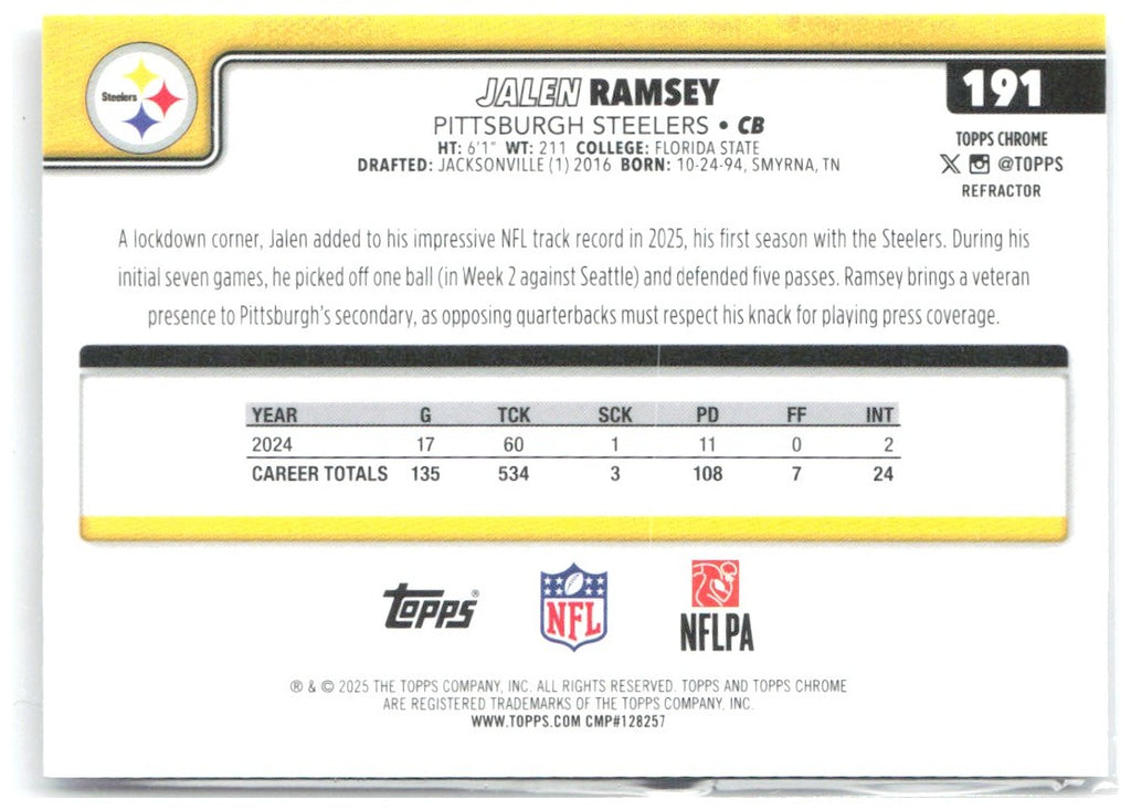 Jalen Ramsey Topps Chrome - Prism Refractor 191 2025 Pittsburgh Steelers