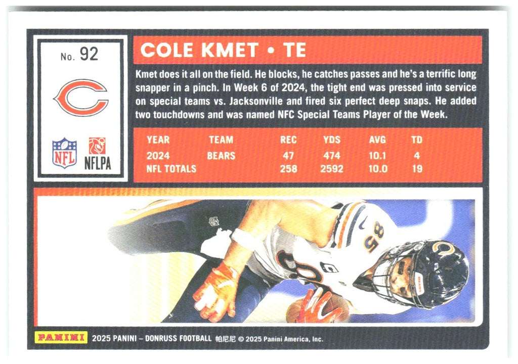 Cole Kmet Donruss - Press Proofs Green 92 2025 Chicago Bears