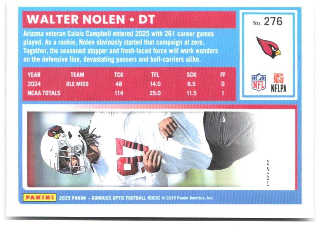 Walter Nolen Donruss Optic - Holo 276 2025 Arizona Cardinals