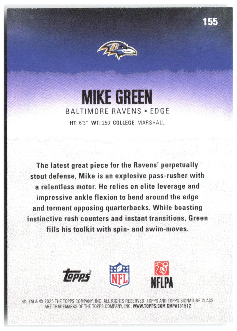Mike Green Topps Signature Class - Green & Purple 155 2025 Baltimore Ravens