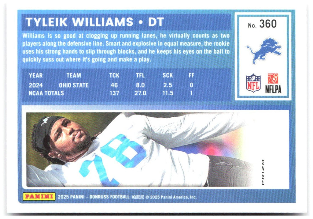 Tyleik Williams Donruss Optic Rated Rookies Preview Pink 360 2025 Detroit Lions