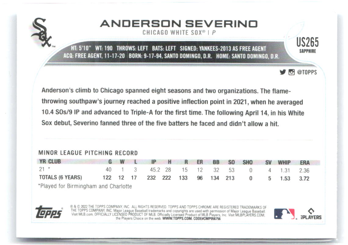 Anderson Severino Topps Chrome Sapphire Edition US265 2022 Chicago White Sox RC