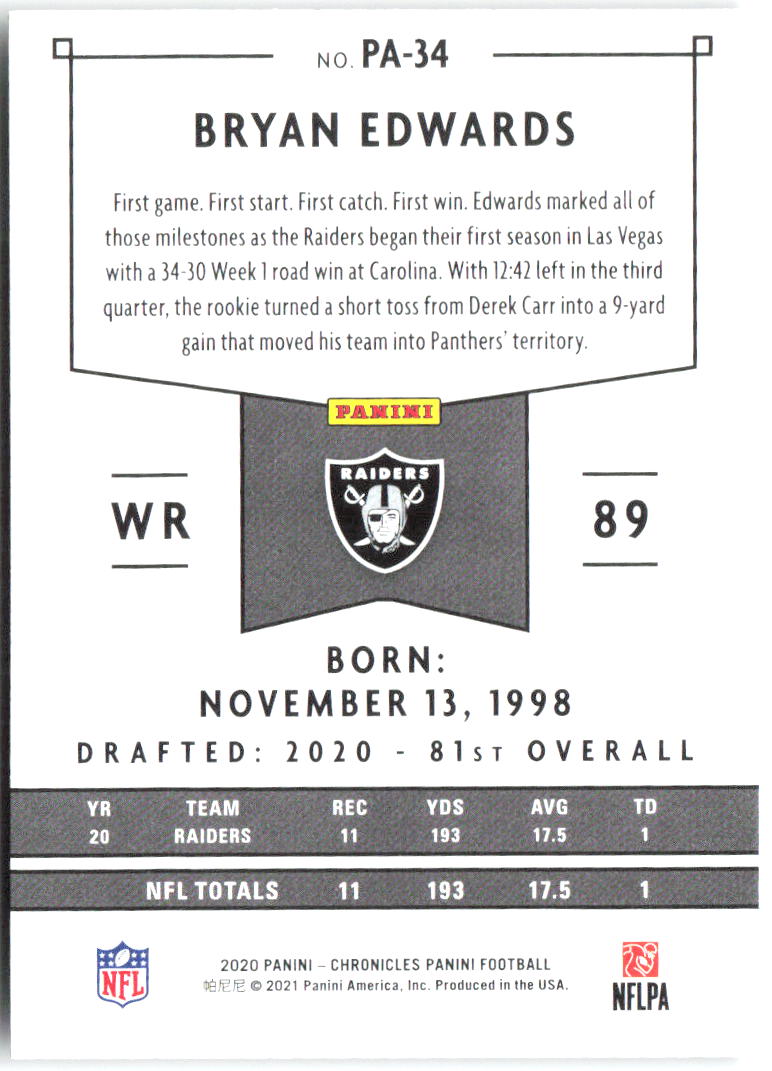 Bryan Edwards Panini Chronicles - Panini PA-34 2020 Las Vegas Raiders