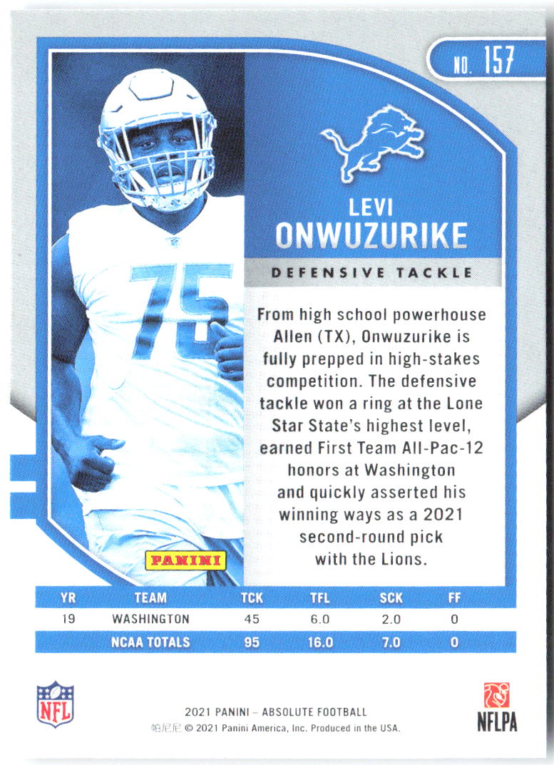 Levi Onwuzurike Panini Absolute - Retail 157 2021 Detroit Lions RC