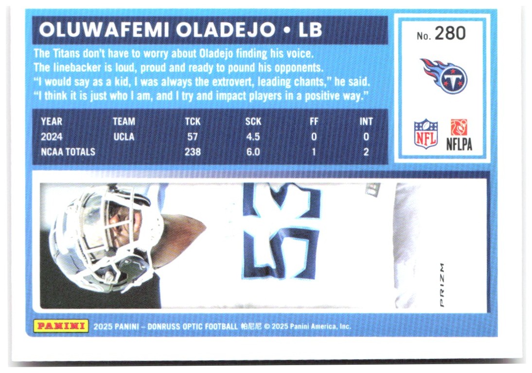Oluwafemi Oladejo Donruss Optic - Pink 280 2025 Tennessee Titans