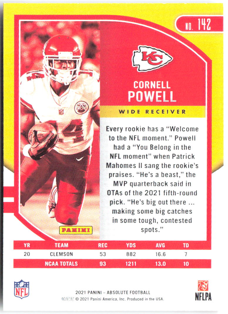 Cornell Powell Panini Absolute - Retail 142 2021 Kansas City Chiefs RC