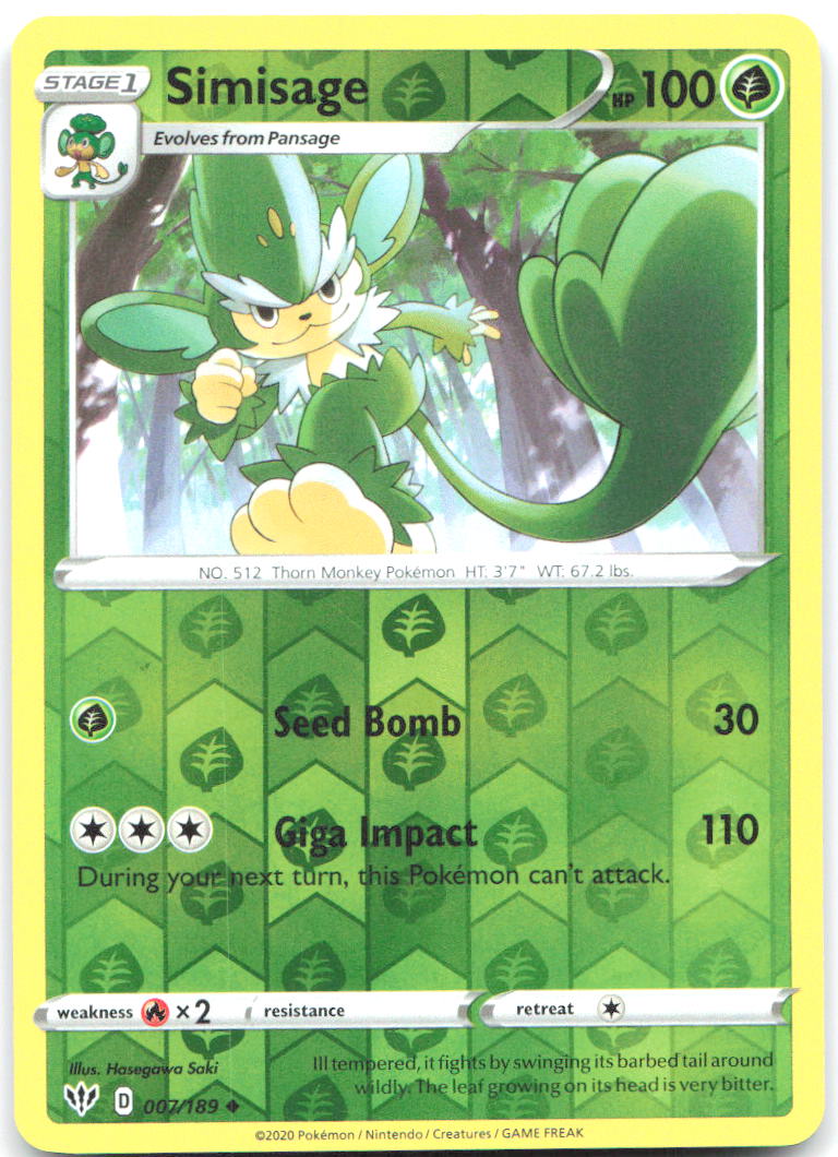 Simisage Reverse Holo Uncommon SWSH03 Darkness Ablaze 007/189 NM Hasegawa Saki