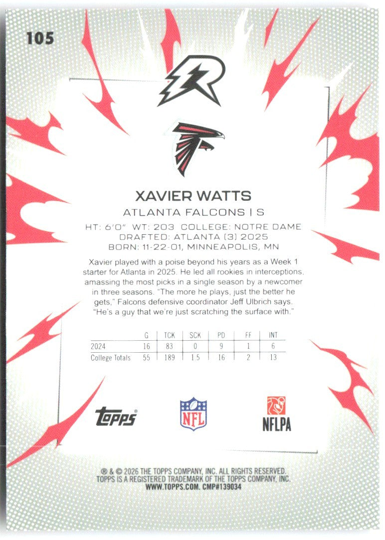 Xavier Watts Topps Resurgence - Sky Blue & Pink Shock Refractor 105 2025 Falcons