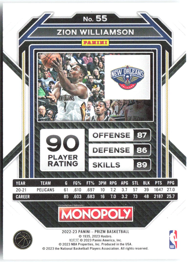 Zion Williamson Panini Prizm Monopoly 55 2022-23 New Orleans Pelicans