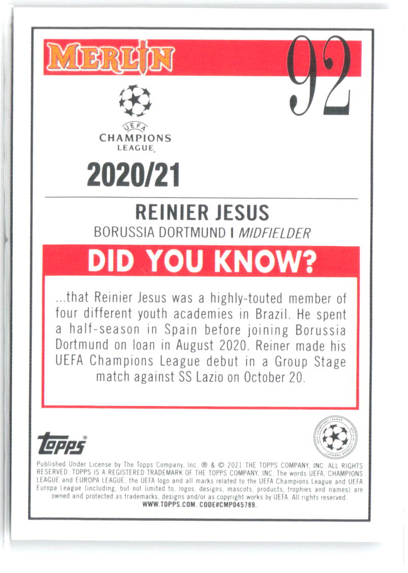 Reinier Jesus Merlin UEFA Champions League 92 2020-21 Borussia Dortmund RC