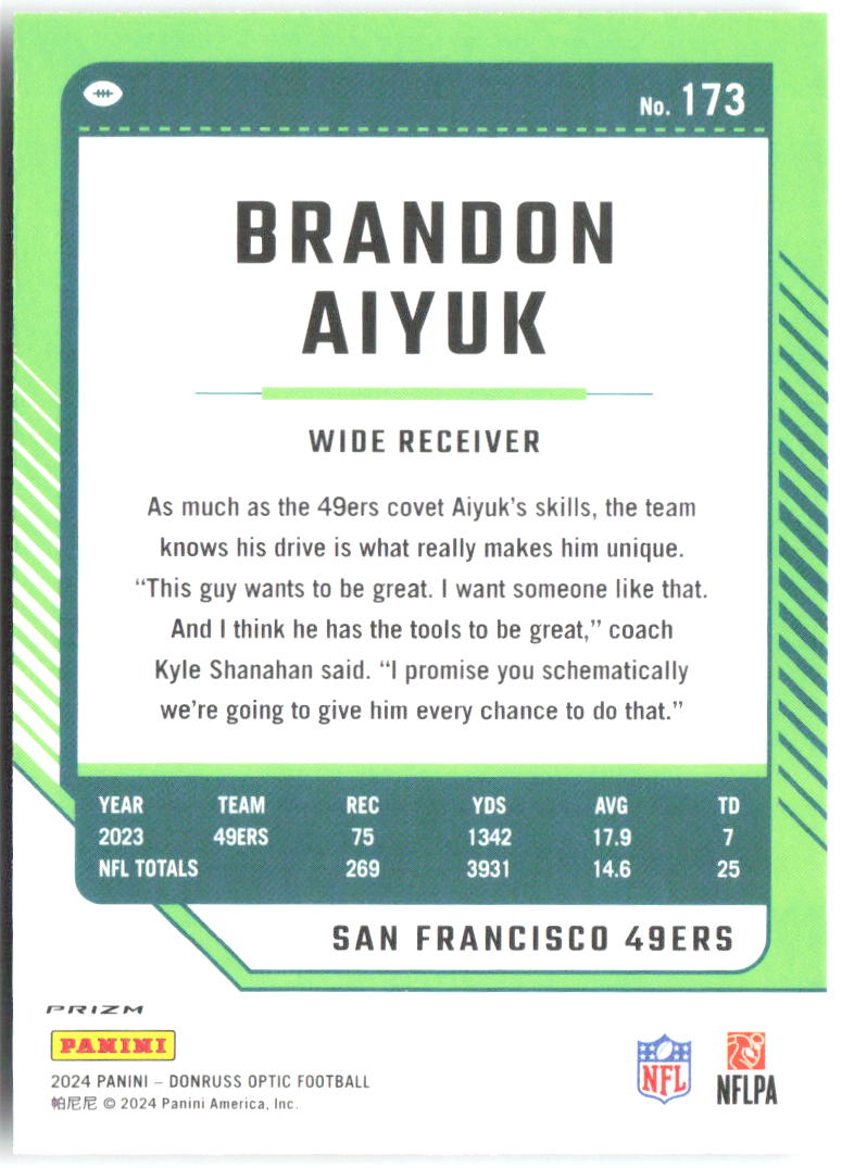 Brandon Aiyuk Donruss Optic - Holo 173 2024 San Francisco 49ers