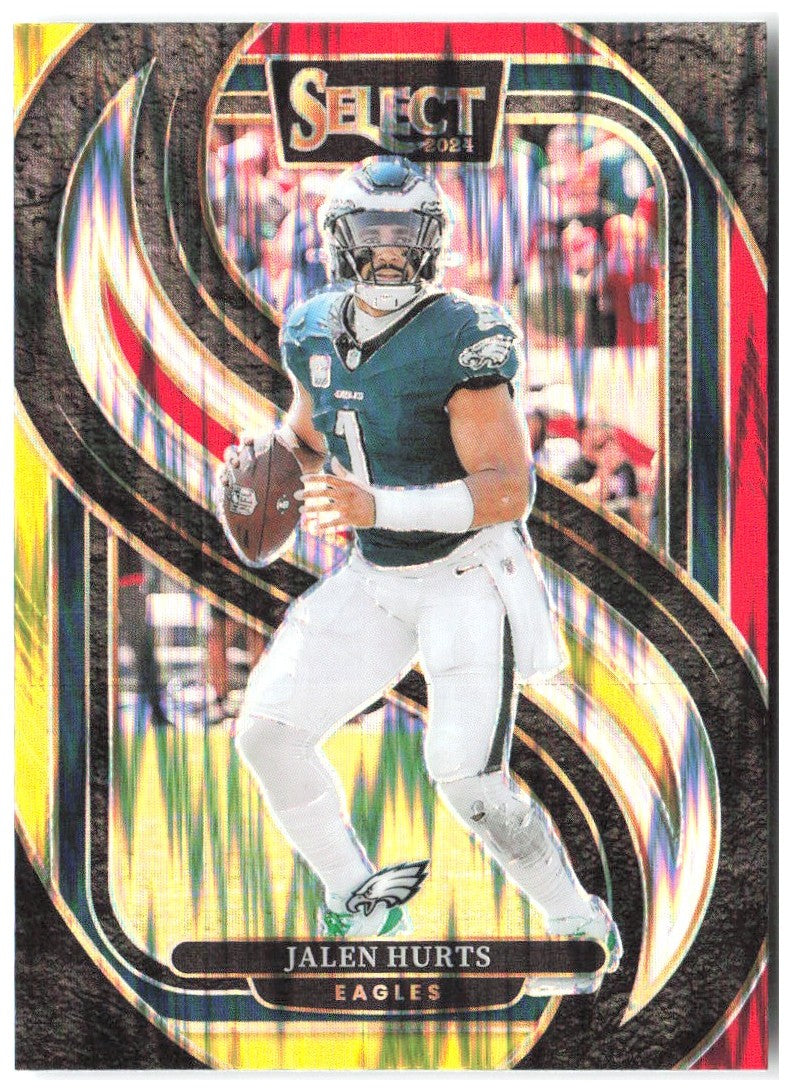 Jalen Hurts Panini Select Red & Yellow Prizm Shock 165 2024 Philadelphia Eagles