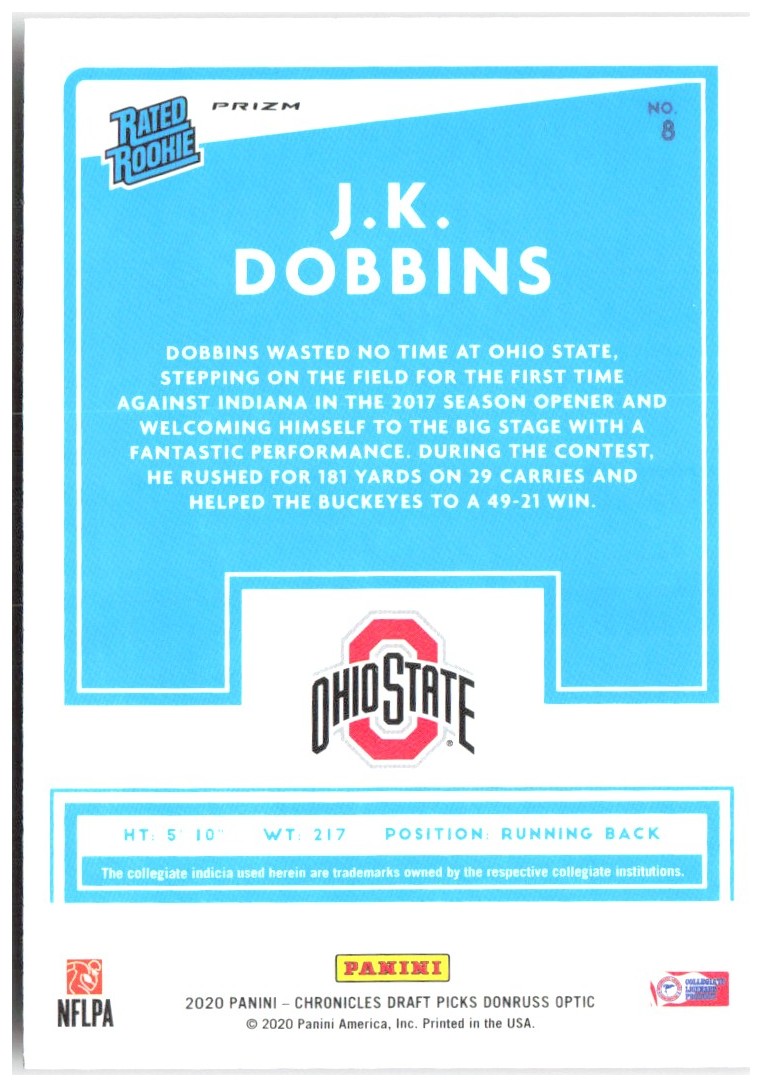 J.K. Dobbins Chronicles Draft Picks - Donruss Optic Rated Rookies Red 8 2020