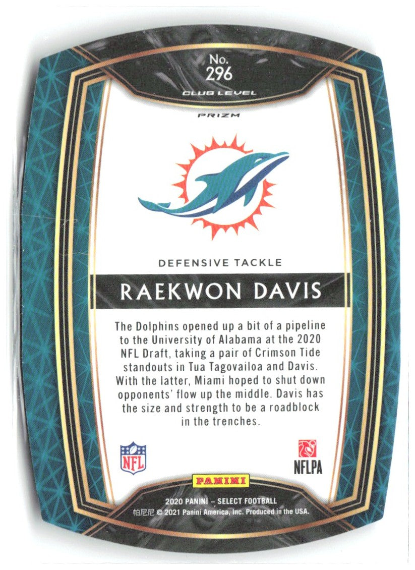 Raekwon Davis Panini Select - Tri-Color Prizm Die Cut 296 2020 Miami Dolphins