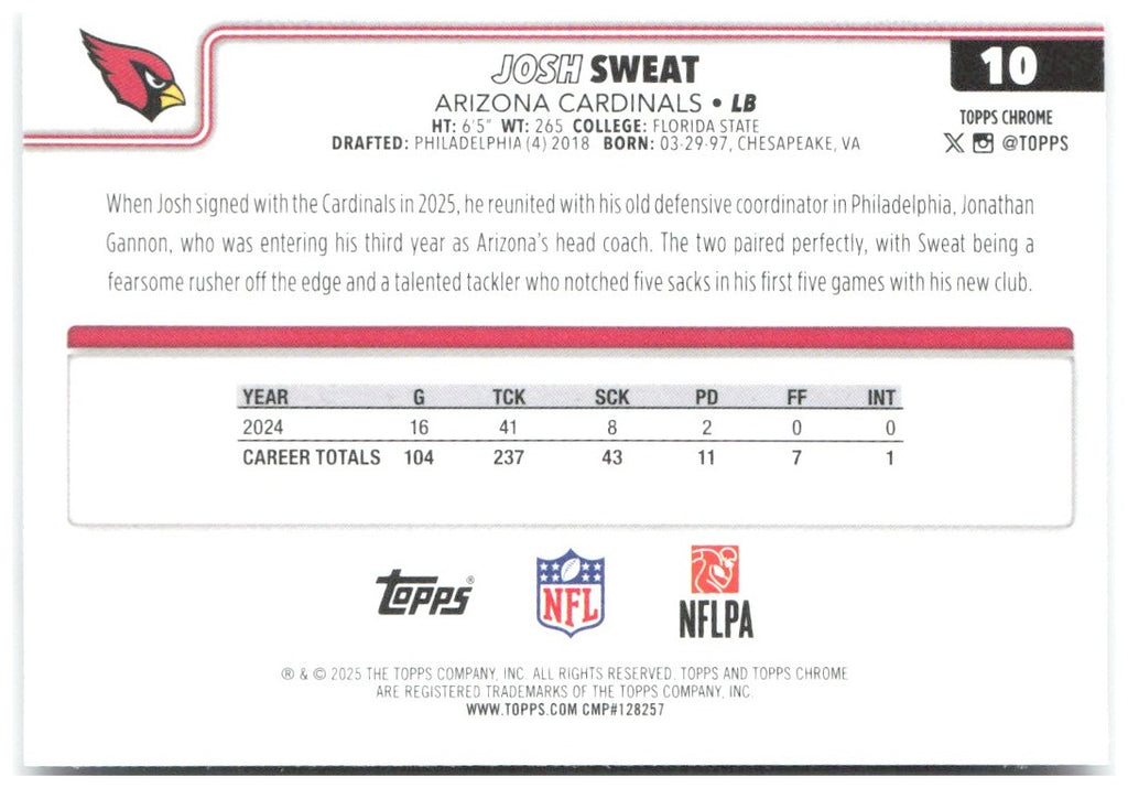 Josh Sweat Topps Chrome - Pulsar Refractor 10 2025 Arizona Cardinals