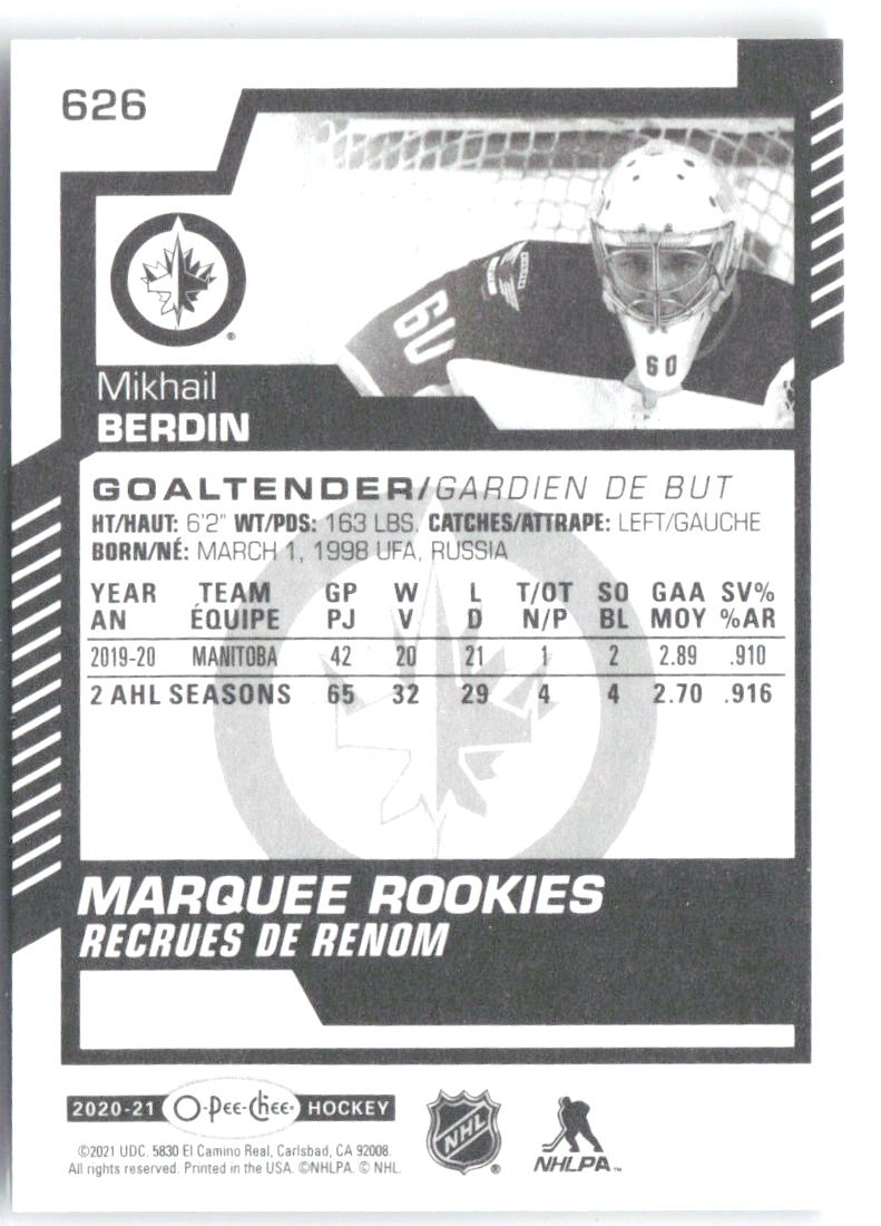 Mikhail Berdin Upper Deck 2020-21 O-Pee-Chee Update 626 2020-21 Winnipeg Jets RC