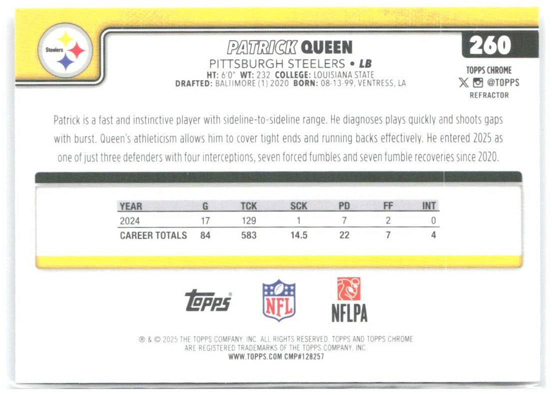 Patrick Queen Topps Chrome - Refractor 260 2025 Pittsburgh Steelers
