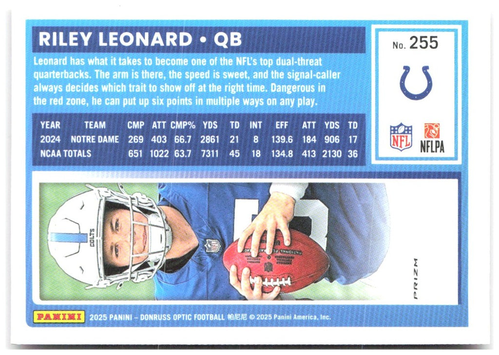 Riley Leonard Donruss Optic - Pink 255 2025 Indianapolis Colts