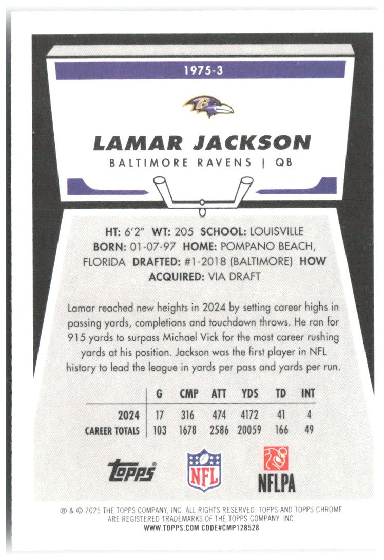 Lamar Jackson Topps Chrome - 1975 Topps 1975-3 2025 Baltimore Ravens