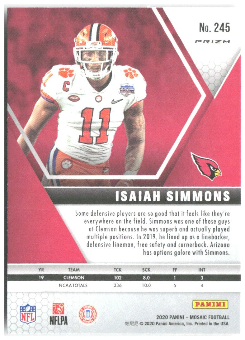 Isaiah Simmons Panini Mosaic - Prizm Reactive Orange 245 2020 Arizona Cardinals