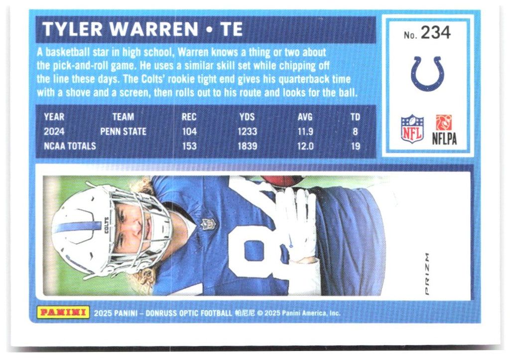 Tyler Warren Donruss Optic - Pink 234 2025 Indianapolis Colts