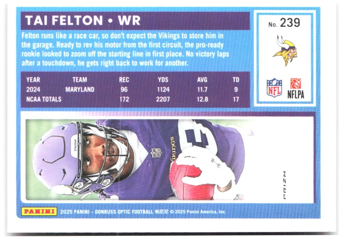 Tai Felton Donruss Optic - Pink 239 2025 Minnesota Vikings