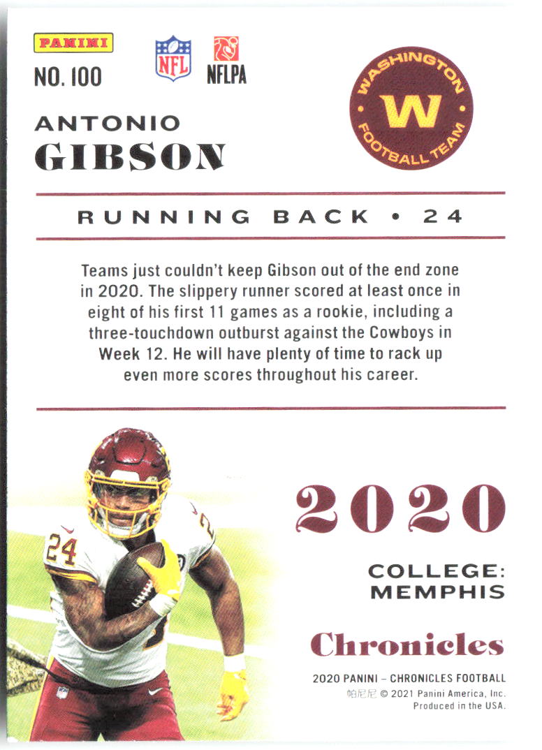 Antonio Gibson Panini Chronicles 100 2020 Washington Football Team RC