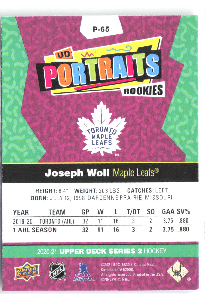 Joseph Woll Upper Deck - UD Portraits P-65 2020-21 Toronto Maple Leafs