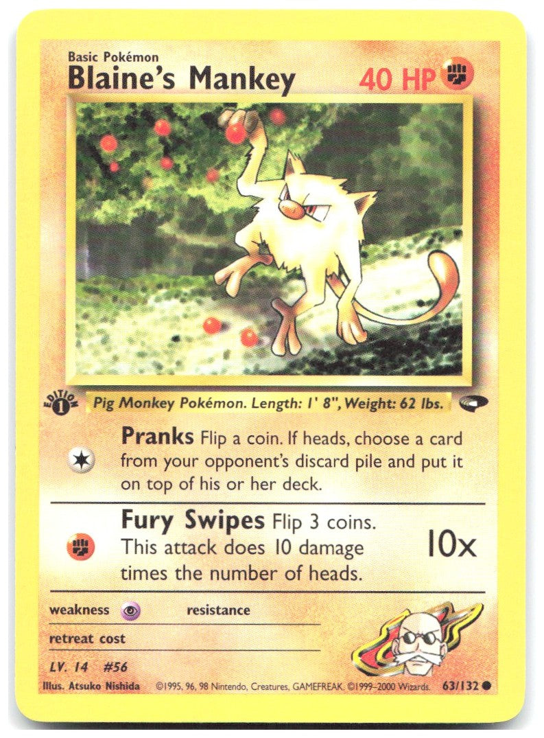 Blaine's Mankey 1st Edition Common Gym Challenge 063/132 NM Atsuko Nishida
