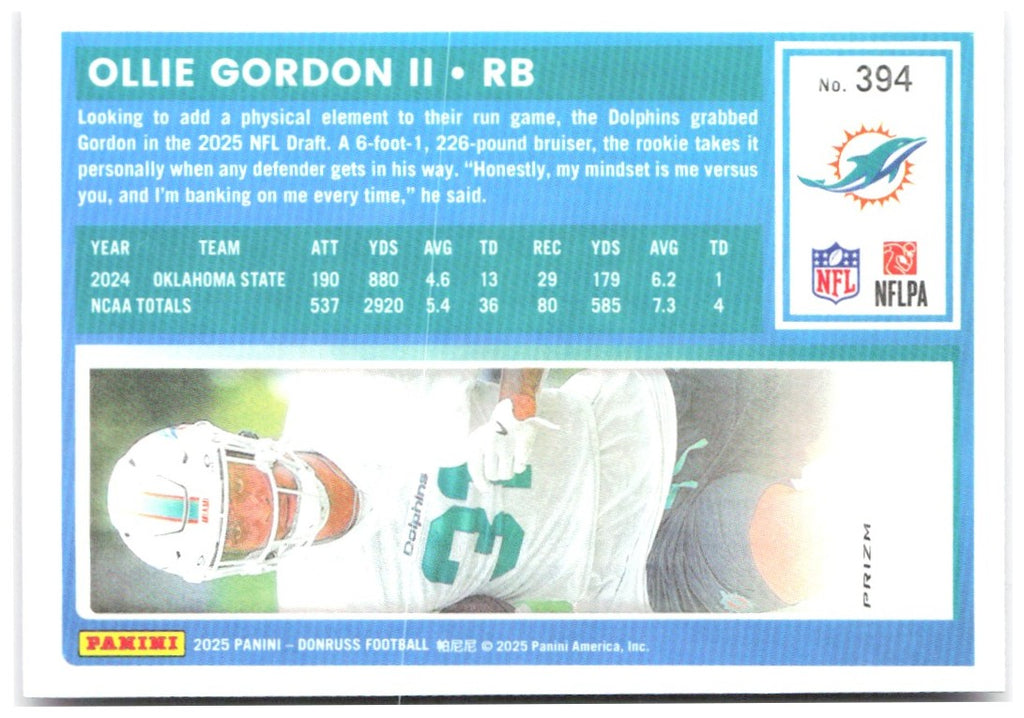 Ollie Gordon II Donruss Optic Rated Rookies Preview Pink 394 2025 Miami Dolphins