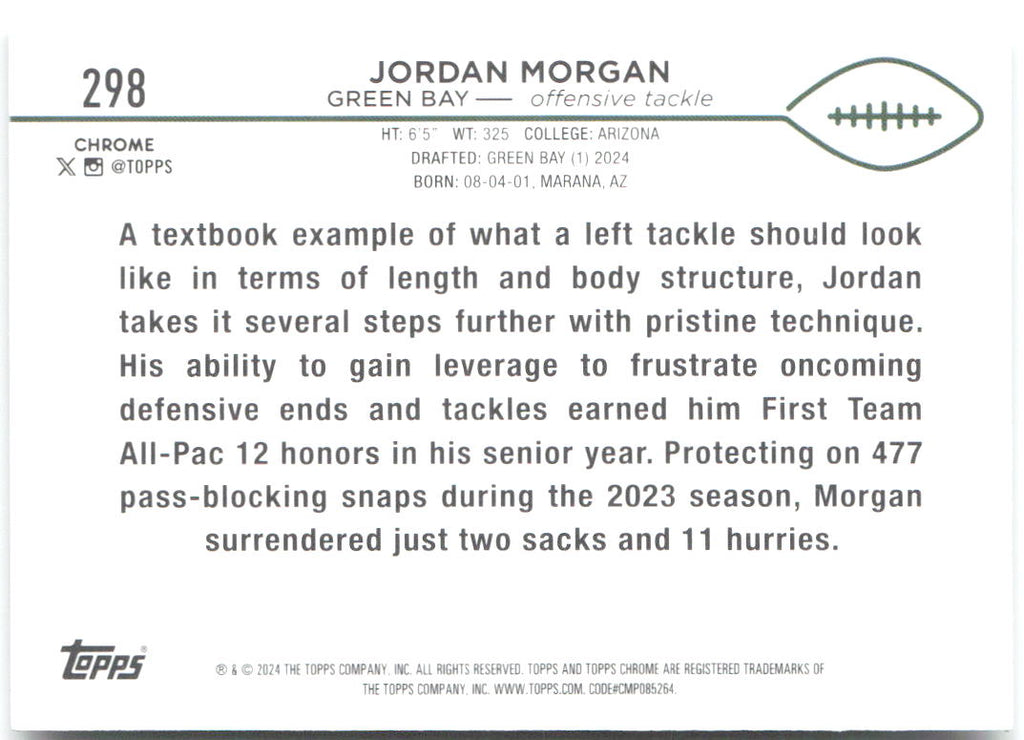 Jordan Morgan Topps Chrome 298 2024 Green Bay Packers RC