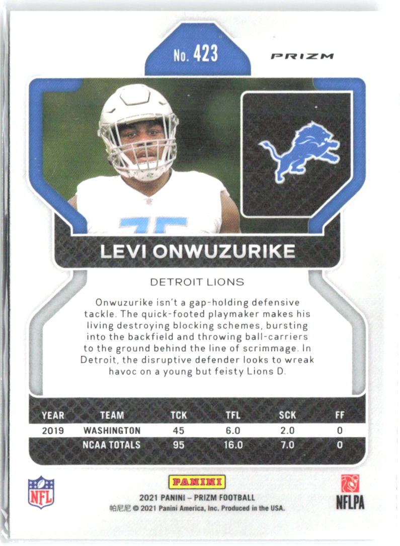 Levi Onwuzurike Panini Prizm - Silver 423 2021 Detroit Lions