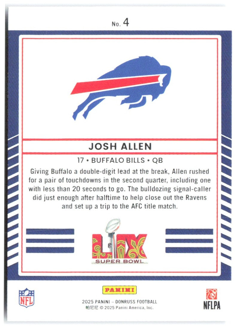 Josh Allen Donruss Road to the Super Bowl Divisional Round 4 2025 Buffalo Bills