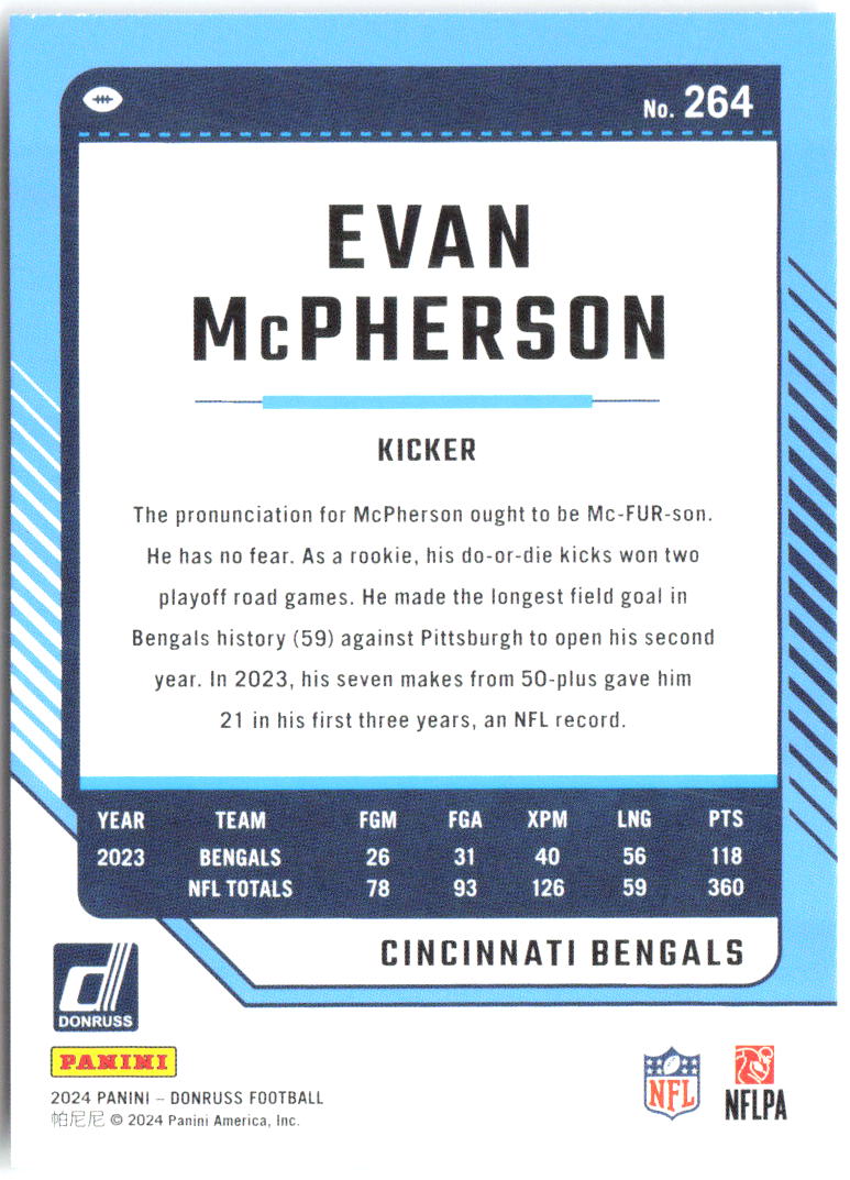 Evan McPherson Donruss 264 2024 Cincinnati Bengals