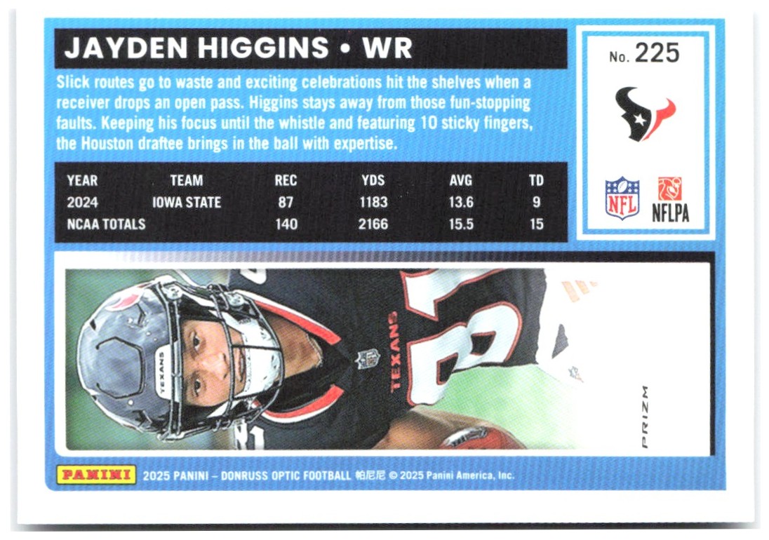 Jayden Higgins Donruss Optic - Purple Shock 225 2025 Houston Texans