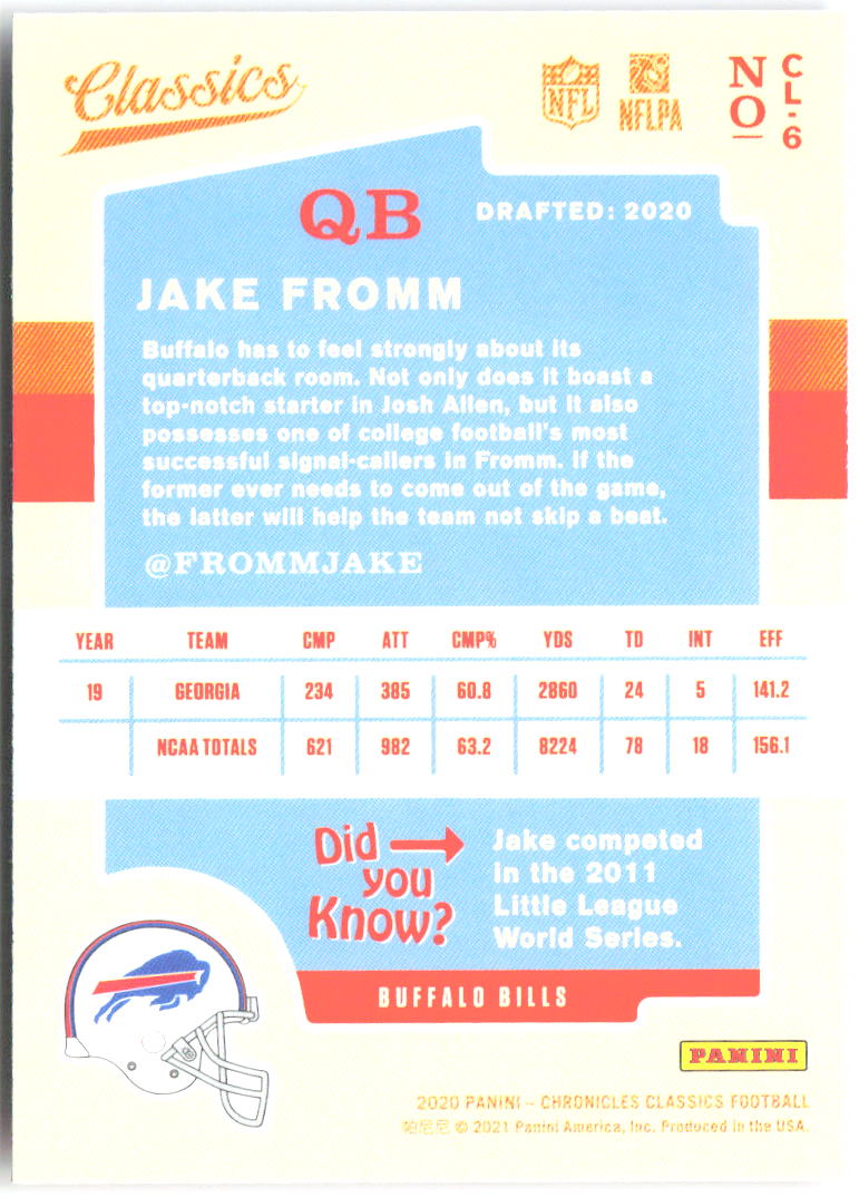 Jake Fromm Panini Chronicles - Classics CL-6 2020 Buffalo Bills