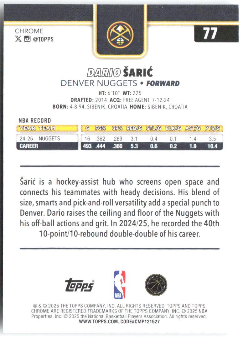 Dario Šarić Topps Chrome 77 2025-26 Denver Nuggets