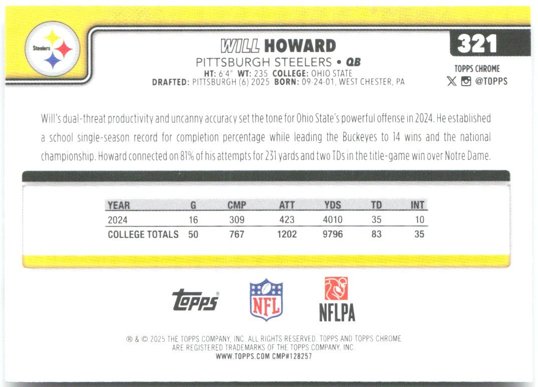 Will Howard Topps Chrome 321 2025 Pittsburgh Steelers RC