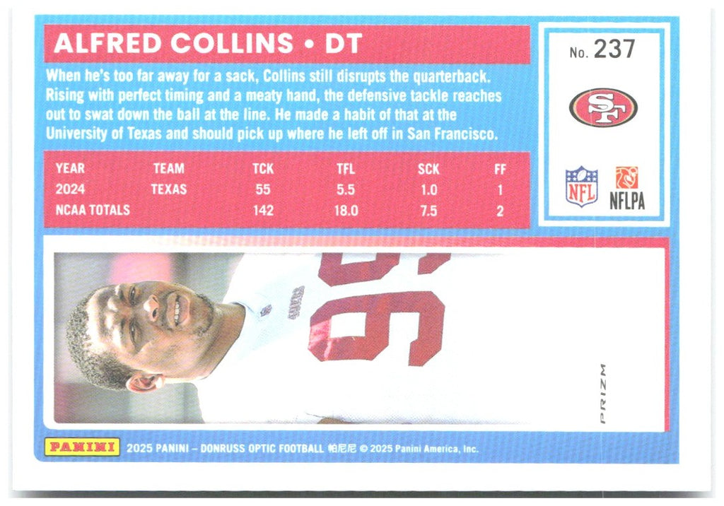 Alfred Collins Donruss Optic - Purple Shock 237 2025 San Francisco 49ers