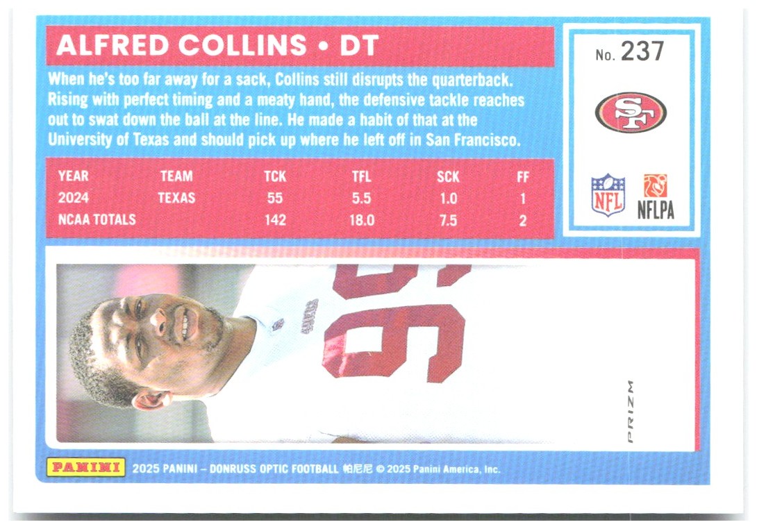 Alfred Collins Donruss Optic - Purple Shock 237 2025 San Francisco 49ers