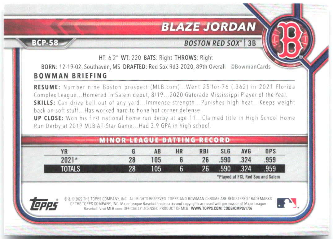 Blaze Jordan Bowman - Chrome Prospects BCP-58 2022 Boston Red Sox