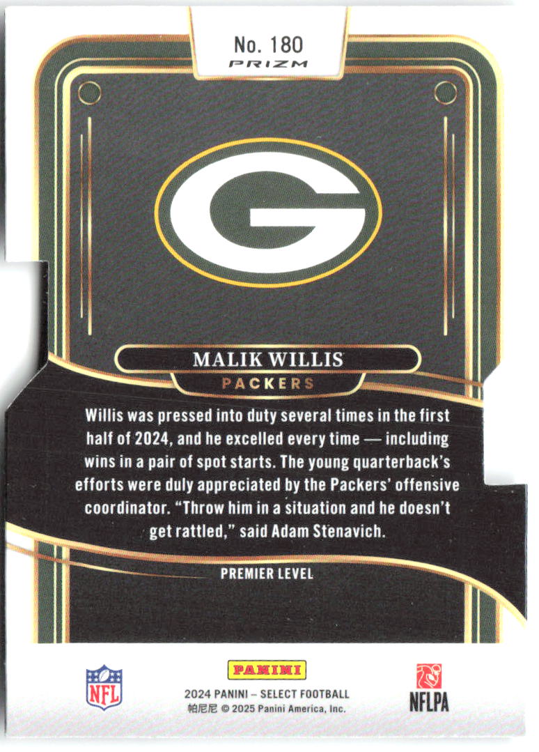 Malik Willis Panini Select - Silver Prizm Die Cut 180 2024 Green Bay Packers