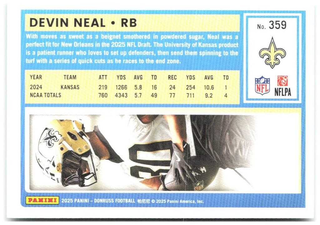 Devin Neal Donruss - Press Proofs Green 359 2025 New Orleans Saints