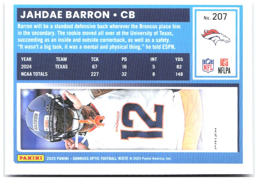 Jahdae Barron Donruss Optic - Purple Shock 207 2025 Denver Broncos