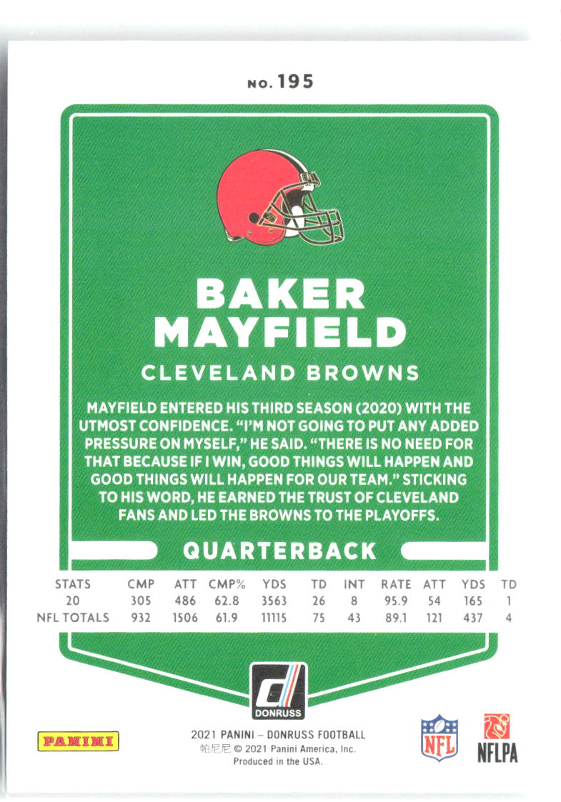 Baker Mayfield Donruss 195 2021 Cleveland Browns No Helmet Variant