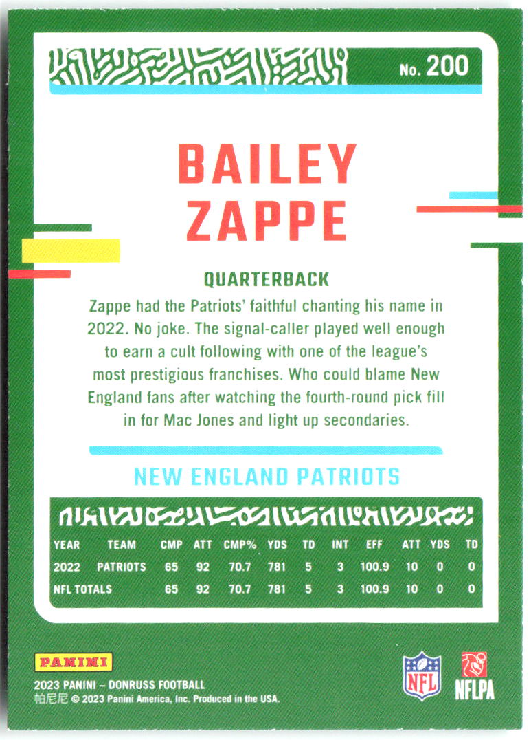 Bailey Zappe Press Proof Green Donruss - Press Proof Green 200 NM