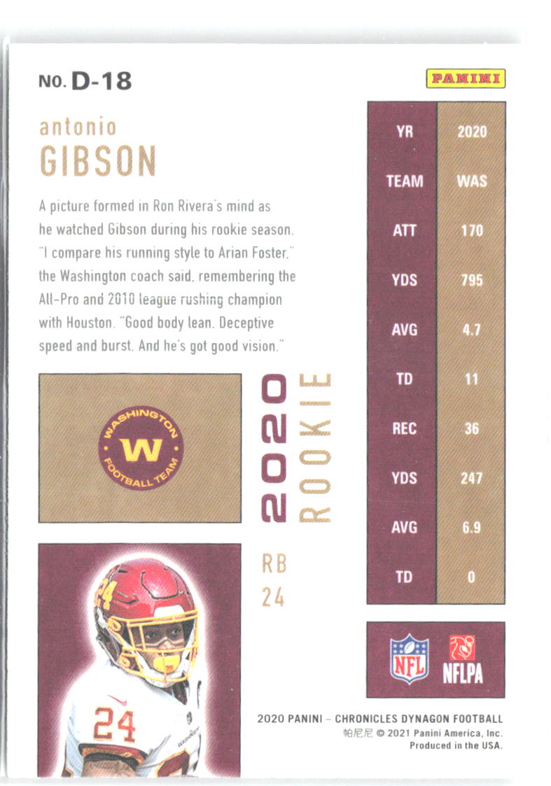 Antonio Gibson Panini Chronicles - Dynagon Rookies D-18 2020 Washington Football Team